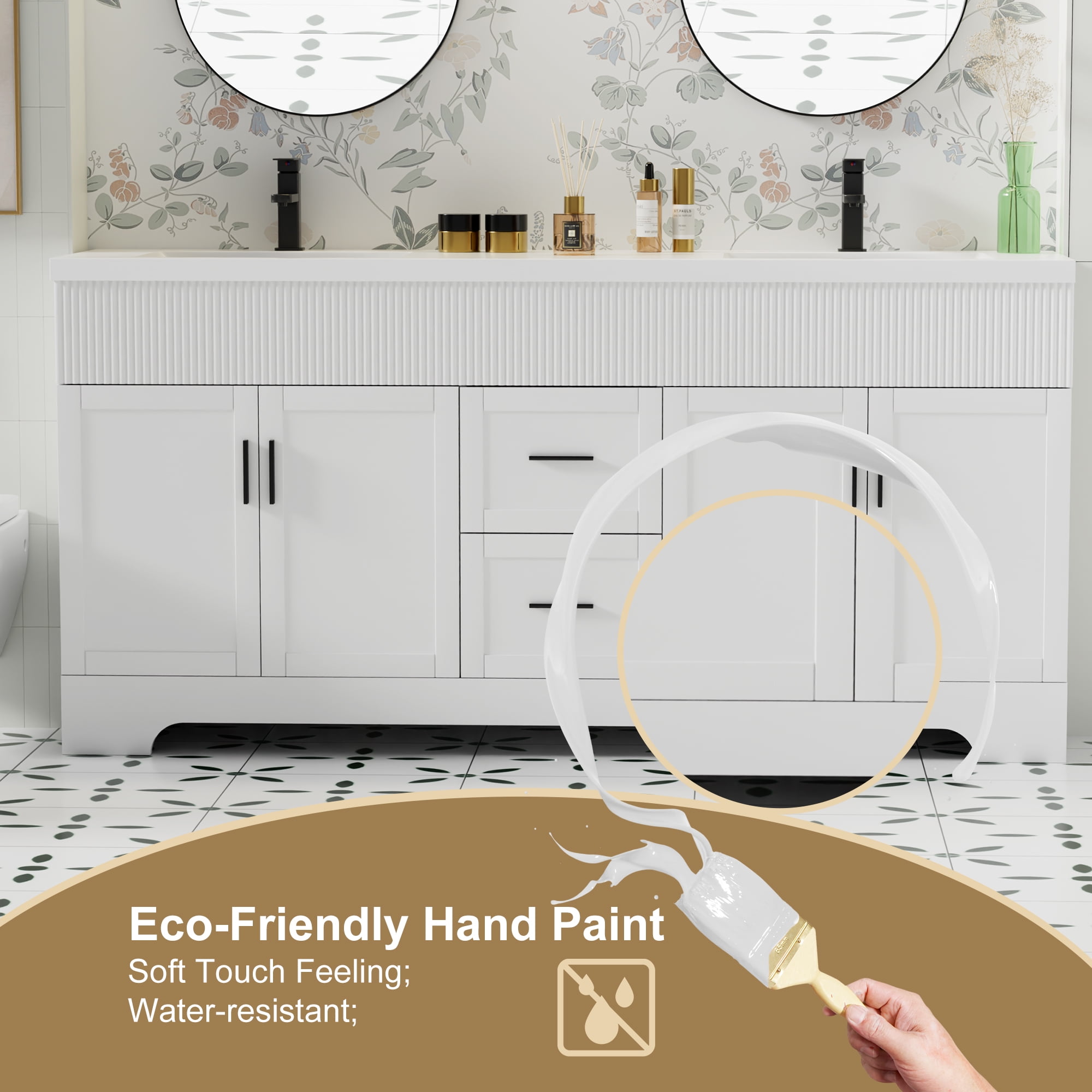 72" Freestanding Double Sink Bathroom Vanity Cabinet Base Only, Hand-Painted, Sink Not Included