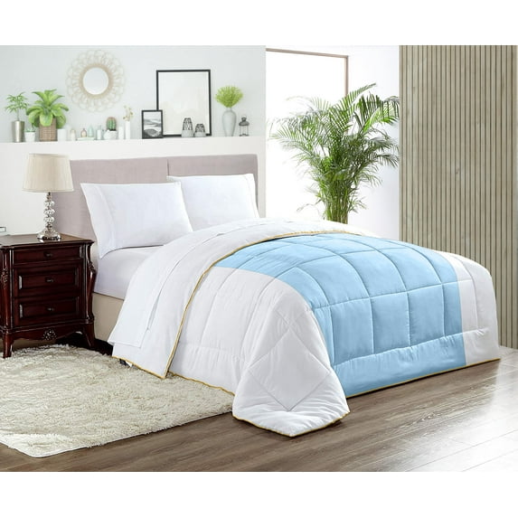 Super King Plus Comforter Contrast Light Blue Luxurious Collection Microfiber Fill Duvet Insert Box Stiched Quilted Fluffy Soft All Season Comforter with Pillowcases & Premium Piping