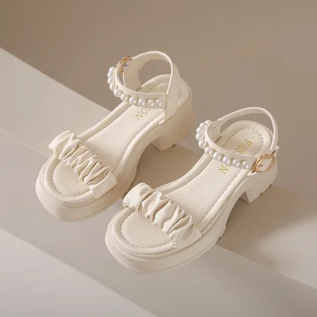 

Summer New Round Toe Open Toe Pearl Chain Buckle Thick Sole Waterproof Platform Comfortable Women Sandals Women s Single Shoes Beige 37