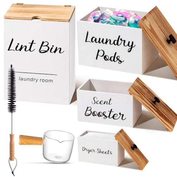 4 Pcs Laundry Room Organization and Storage Dryer Sheet Holder Laundry Pod Holder Scent Booster Container Magnetic Lint Bin with Scoop and Brush Wood Farmhouse Room Container White