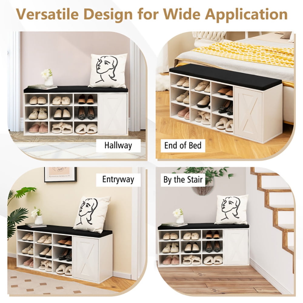 Resenkos 9-cube Shoe Bench with Adjustable Shelves and Removable Padded Cushion-White, Space-Saving Shoe Rack Organizer for Closet Entryway