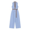 thumbnail image 6 of Guluxicc Women's Contrast Trim Elastic Waist Pleated Wide Leg Jumpsuit Casual Belted Stand Collar Sleeveless Loose Fit Rompers, 6 of 6