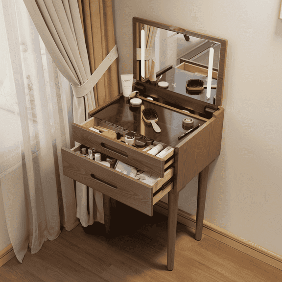 KASLANDI Solid Wood Vanity Desk with Flip Top Mirror and Lights, Small Vanity Table with Drawers, Makeup Dressing Table for Bedroom, Living Room, Walnut