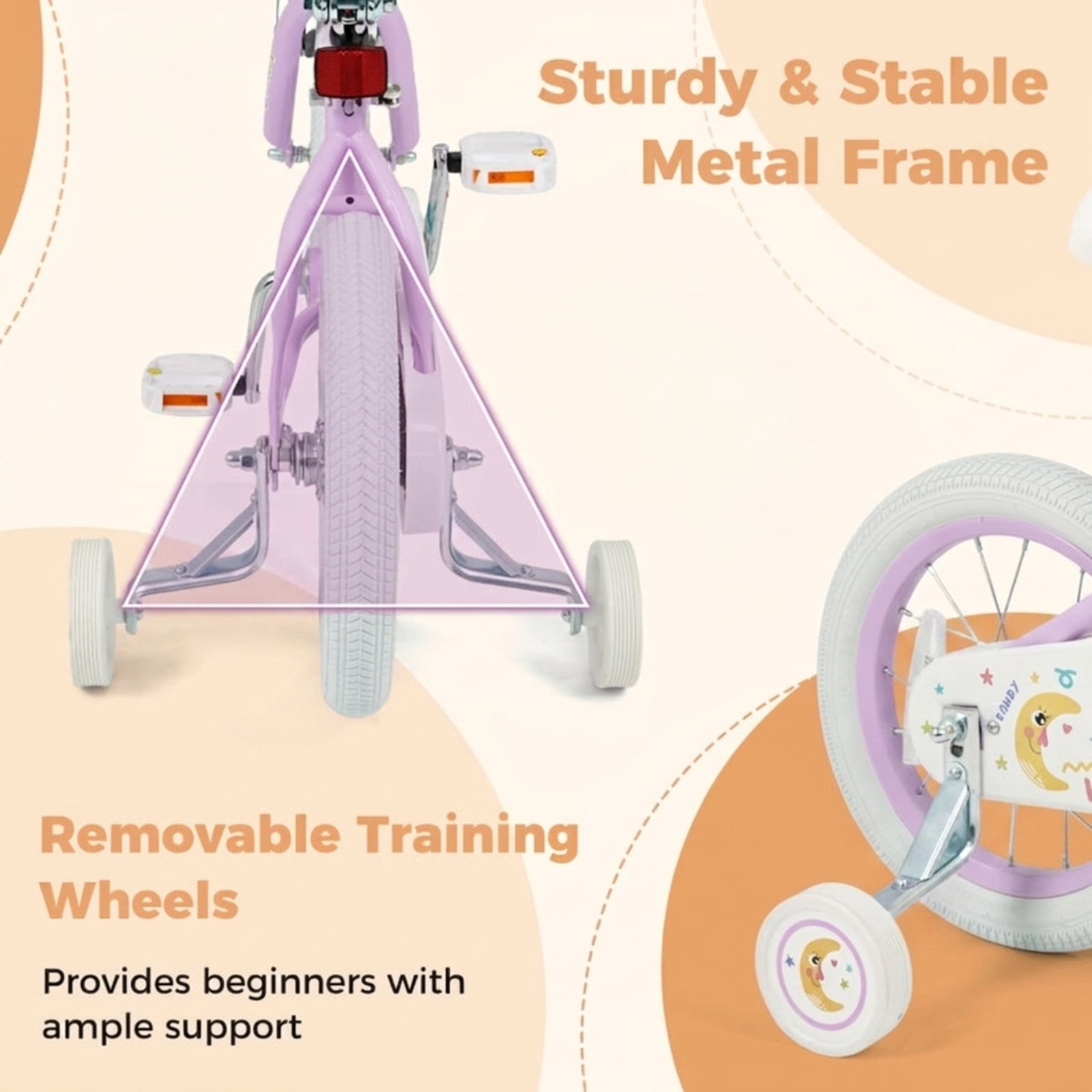 Redsmile Kids Bike 12 Inch with Adjustable Seat and Training Wheels for Boys Girls Ages 3-8, Stars & Moon Design Children Bicycle with Front Handbrake, Kids Bicycle 12in, Purple