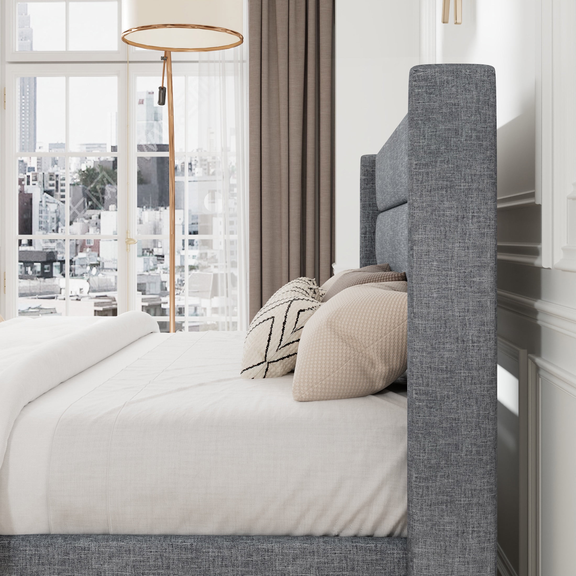Allewie Full Size Lift Up Platform Storage Bed Frame with Channel Wingback Headboard, Grey Blue