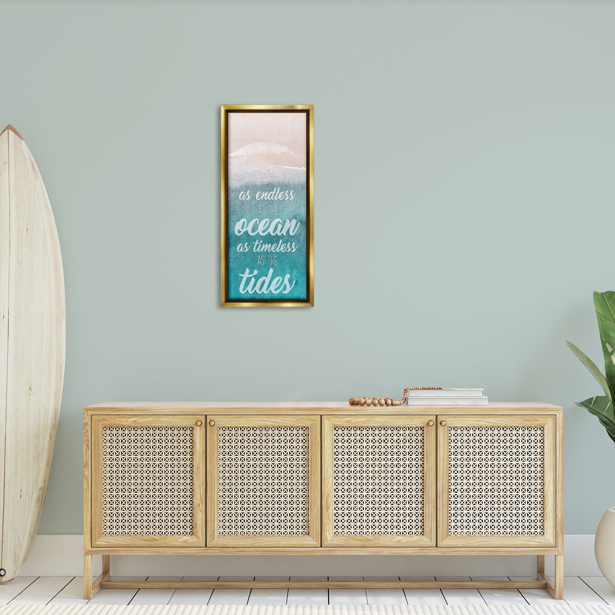 Stupell Industries Timeless As Tides Beach Phrase Inspirational Painting Gold Floater Framed Canvas Art Print Wall Art, 15 x 31