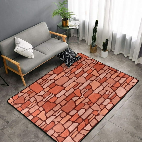 TEQUAN Area Rugs for Living Room Bedroom, Red Stone Brick Wall Printed Carpet Non-Slip Door Mat Polyester Floor Mats, 60" x 39"