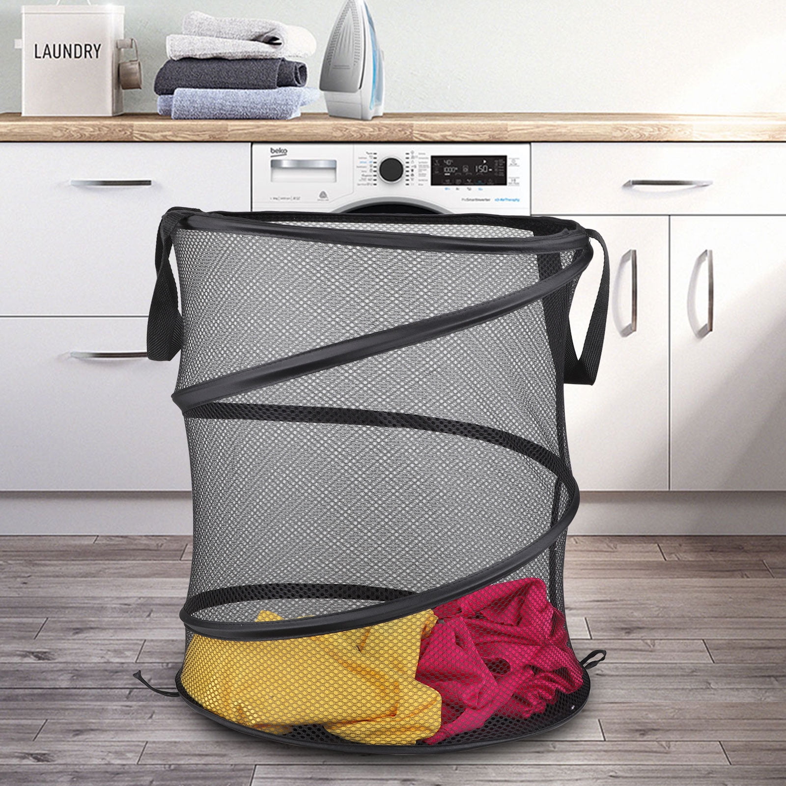 Mesh Pop-Up Laundry Hampers Portable and Collapsible Storage with Side Pocket and Durable Handles Folding Clothes Hampers Suitable for Kids Room and Bathroom Pink, 1 WishLotus Dirty Clothes Basket 