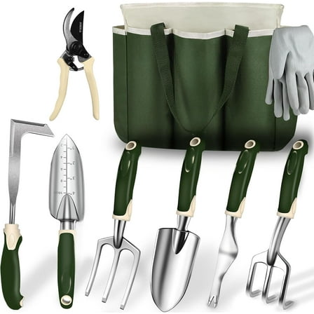 Gardening Tools Set of 9 Heavy Duty Garden Tools with Non-Slip Rubber Grip with Large Garden Bag for Tools Durable Hand Tools for Gardening, Weeding,Gardening Gifts for Women,Men (Dark Green)