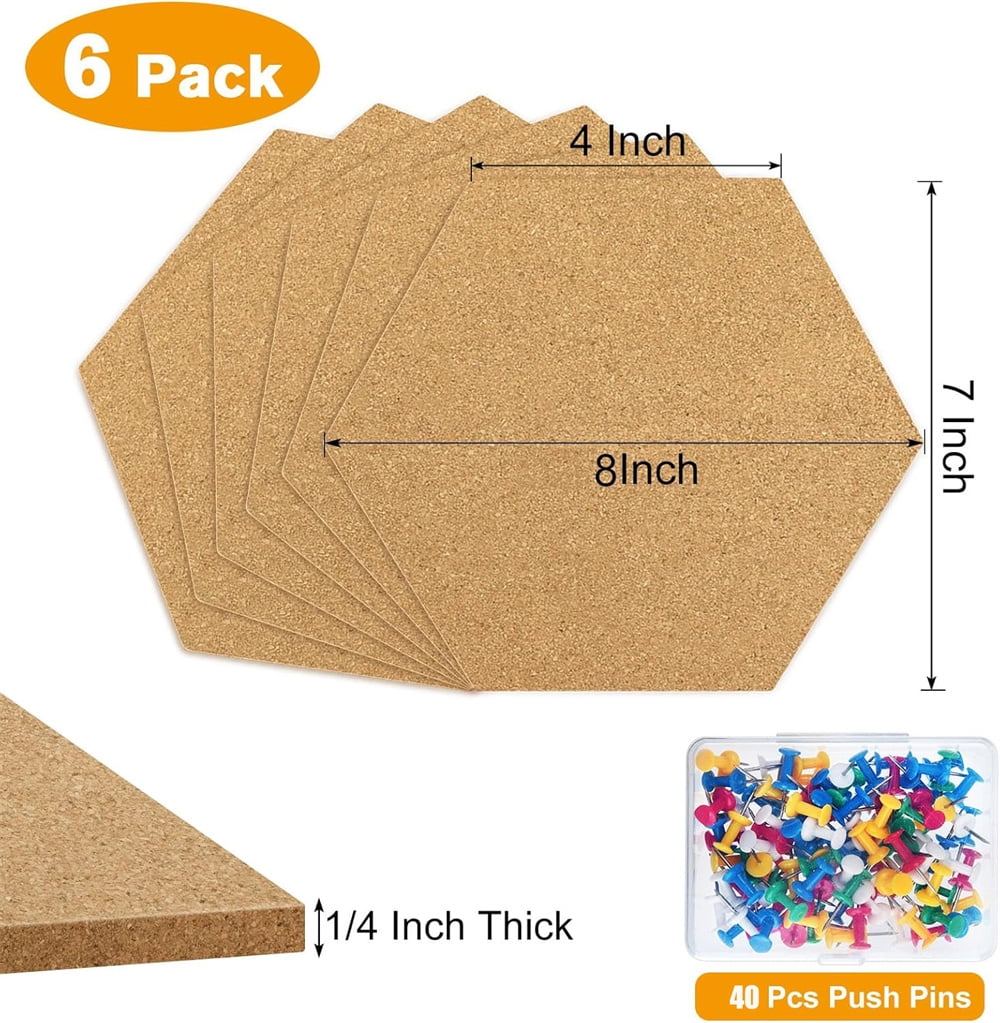 NOGIS Hexagon Cork Board Tiles Self Adhesive 6 Pack Small Corkboards for Wall 8" x 7"- 1/2" Thick Memo Boards -40 Push Pins Decorative Bulletin Board for Office