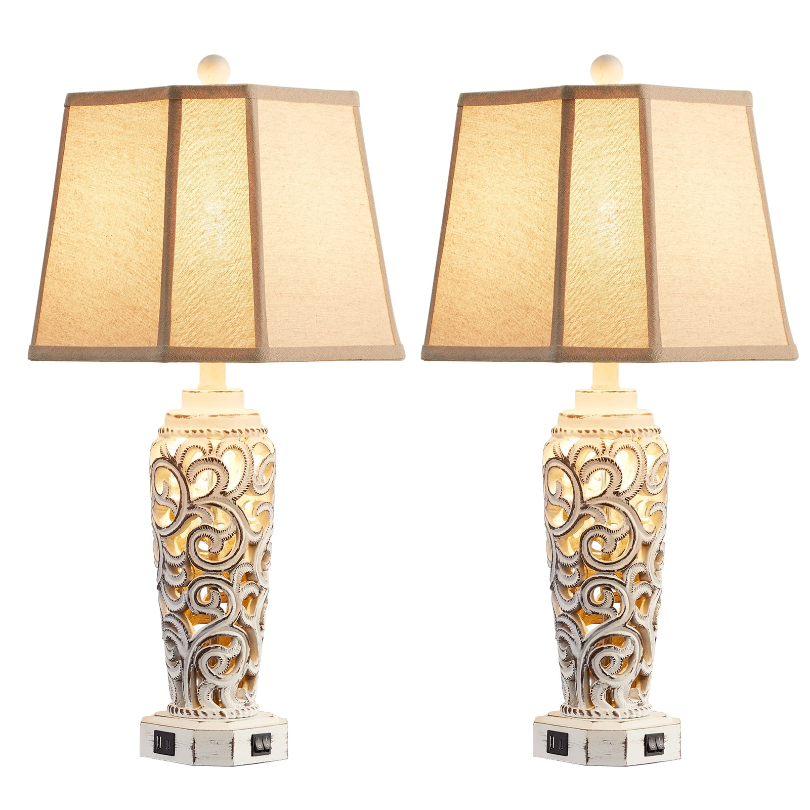 JUJUYUYOP 27" White Rustic Farmhouse Style Living Room Table Lamps Set of 2, Dual USB Charging Ports Ideal for Nightstands (Bulbs Included)