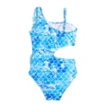 thumbnail image 3 of Bobifish Tween Girls Swimsuit UPF 50+ One Shoulder Big Ruffle Waist Cutout Iridescent Scale Print One Piece Summer Beach Bathing Suit, 3 of 8
