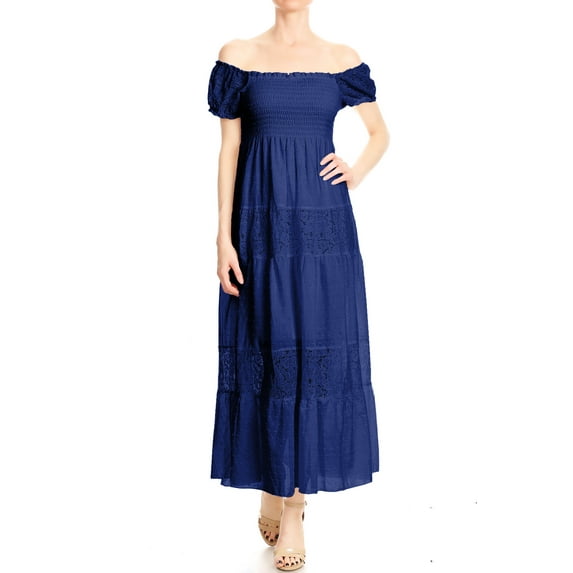 Anna-Kaci Womens Off Shoulder Boho Lace Semi Sheer Smocked Party Maxi Long Dress