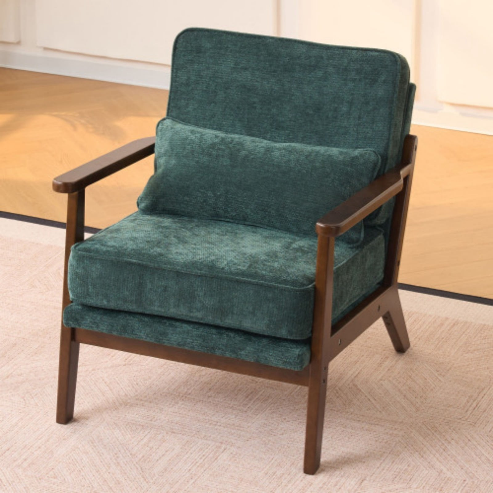 Mid-Century Modern Lounge Chair Single Living Room Chair with Lumbar Pillow, Upholstered Accent Chair with Straight Wood Armrests for Bedroom Indoor, Green