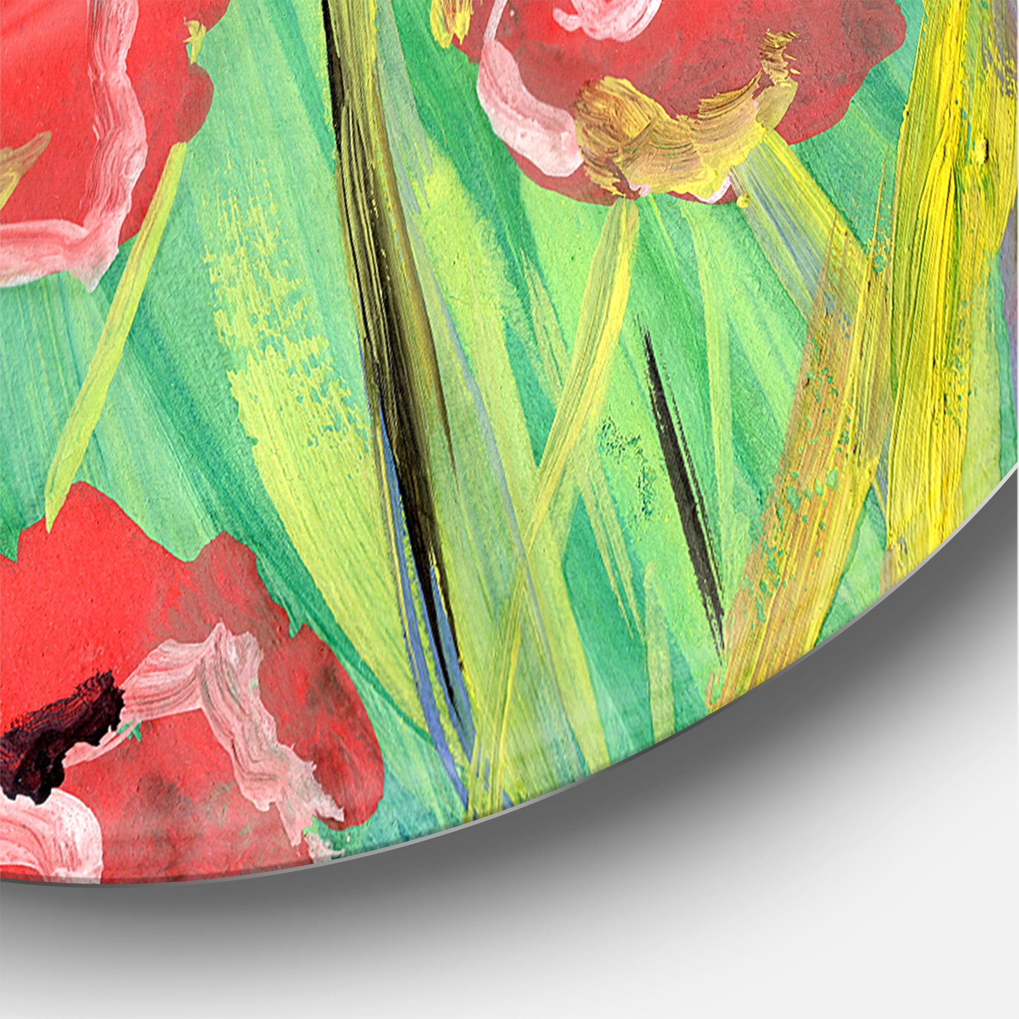 Designart 'Gouache Of Blooming Red Poppies' Traditional Circle Metal Wall Art 36x36 - Disc of 36