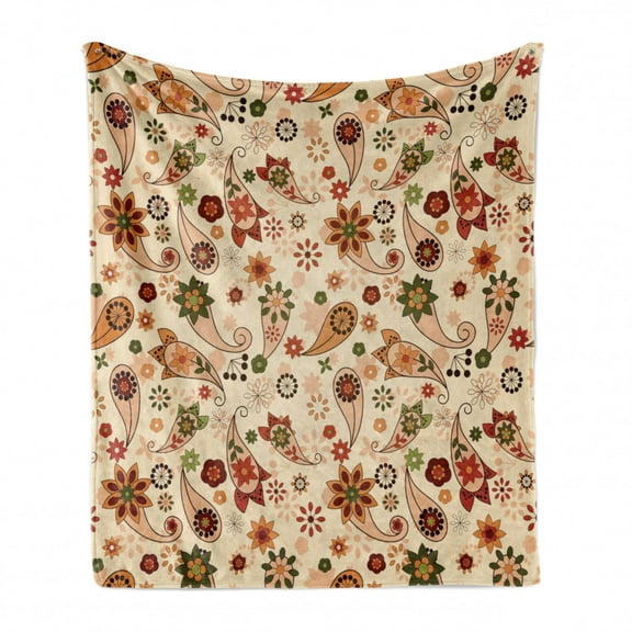 Paisley Soft Flannel Fleece Throw Blanket, Floral Design with Spring Motifs and Paisley Elements Oriental in Design, Cozy Plush for Indoor and Outdoor Use, 70" x 90", Multicolor, by Ambesonne