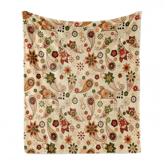 Paisley Soft Flannel Fleece Throw Blanket, Floral Design with Spring Motifs and Paisley Elements Oriental in Design, Cozy Plush for Indoor and Outdoor Use, 50" x 60", Multicolor, by Ambesonne