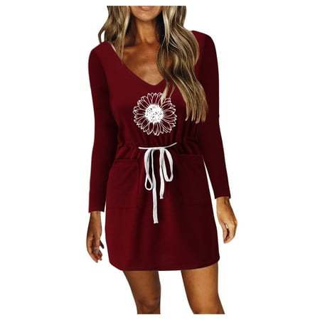 

Ziloco Women Casual V-Neck Long Sleeve Strapped Draw Back Printing Loose Dress bra for backless dresses Red M