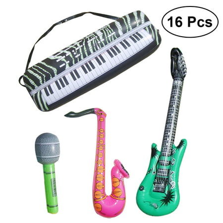 16PCS Inflatable Musical Rock Band Instruments Cool Fun Inflatable Musical Instruments for Kids Great Party Stuffer Giveaways Novelty Toys(Guitar 55CM*6+ Sax 60CM*3+ Microphone 25CM*6+ Keyboard *1)