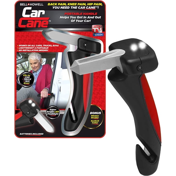Car Cane, All-in-One Car Cane Door Handle and Mobility Aid with Built in LED Flashlight, Window Breaker Seatbelt Cutter, Car Handle Assist for Elderly and Car Emergency Tool- Batteries Included