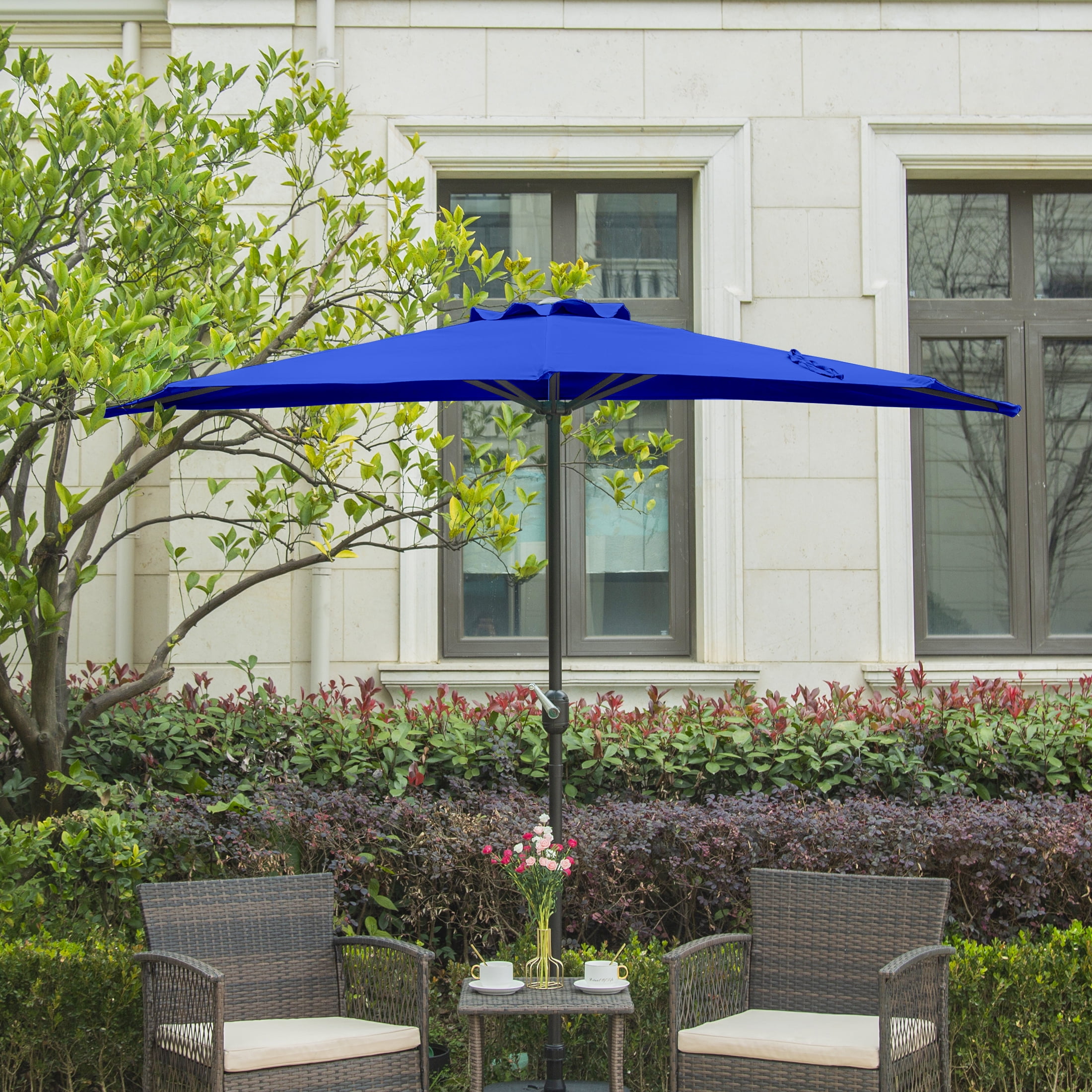 BAYSHORE 9 Ft Half Umbrella with Resin Concrete Base Included for Oudoor Patio, Royal Blue