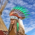 thumbnail image 4 of Tocado de plumas indio, tocado indio para festival, Halloween, espectáculo Blanco Verde, 4 of 6