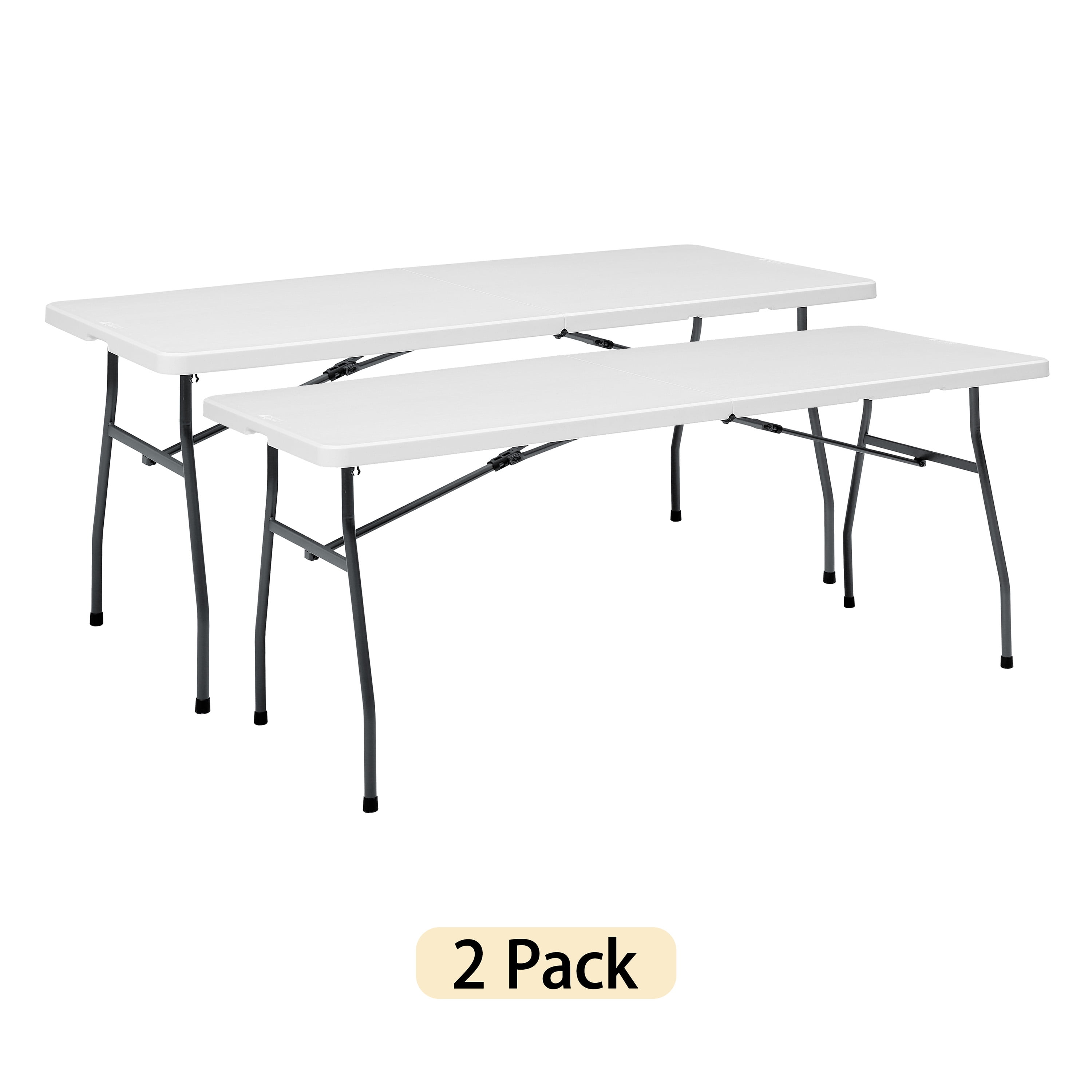 (4 pack) Mainstays White 6 Foot Fold-in-Half Plastic Table, Indoor Outdoor, Scratch Resistant, Stain & UV Damage, Built-in Carry Handle, 2-PAK