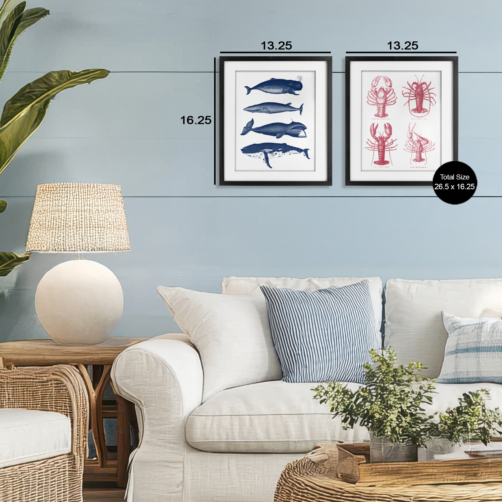 Marine Whales & Lobsters 2 Piece Black Framed Print Under Glass Set, design by Lettered and Lined