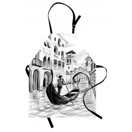 Sketchy Apron Gondola in Venice European Famous Canal History Mediterranean Holiday Image, Unisex Kitchen Bib Apron with Adjustable Neck for Cooking Baking Gardening, Black and White, by