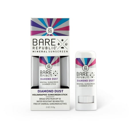 Bare Republic Mineral Shimmer Sunscreen Stick - Diamond Dust, SPF 50, Reef Friendly, Fragrance Free, 80 Minute Water Resistance, 0.3 OZ