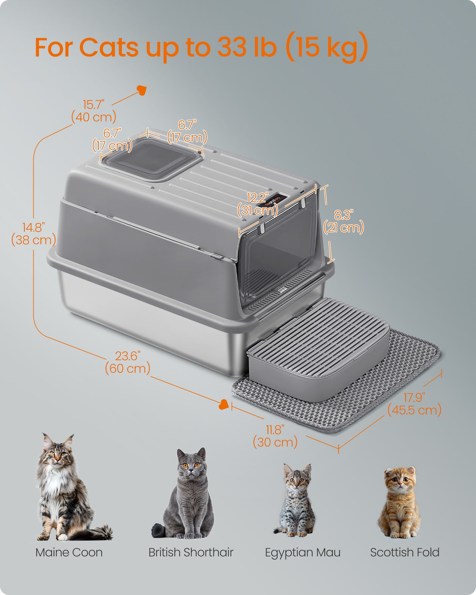 Stainless Steel Cat Litter Box with Flip Lid, 23.6 Inch Enclosed Litter Box with 2 Doors and Leak-Proof Design, Dove Gray