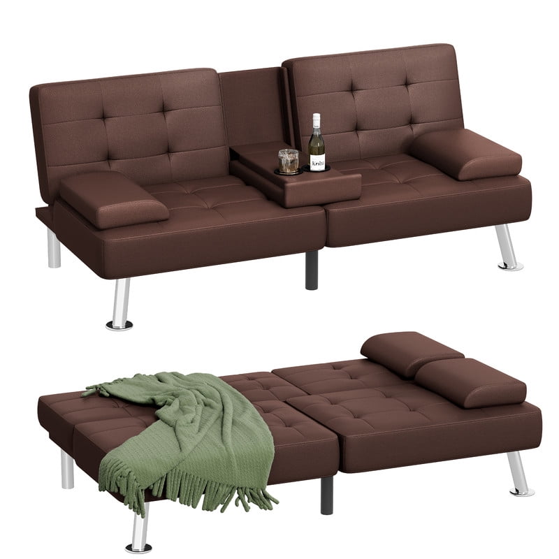 Lacoo Linen Futon Sofa Bed Modern Convertible Sleeper Couch with Removable Armrests & Cup Holders for Living Room,Small Spaces,PU Leather Brown