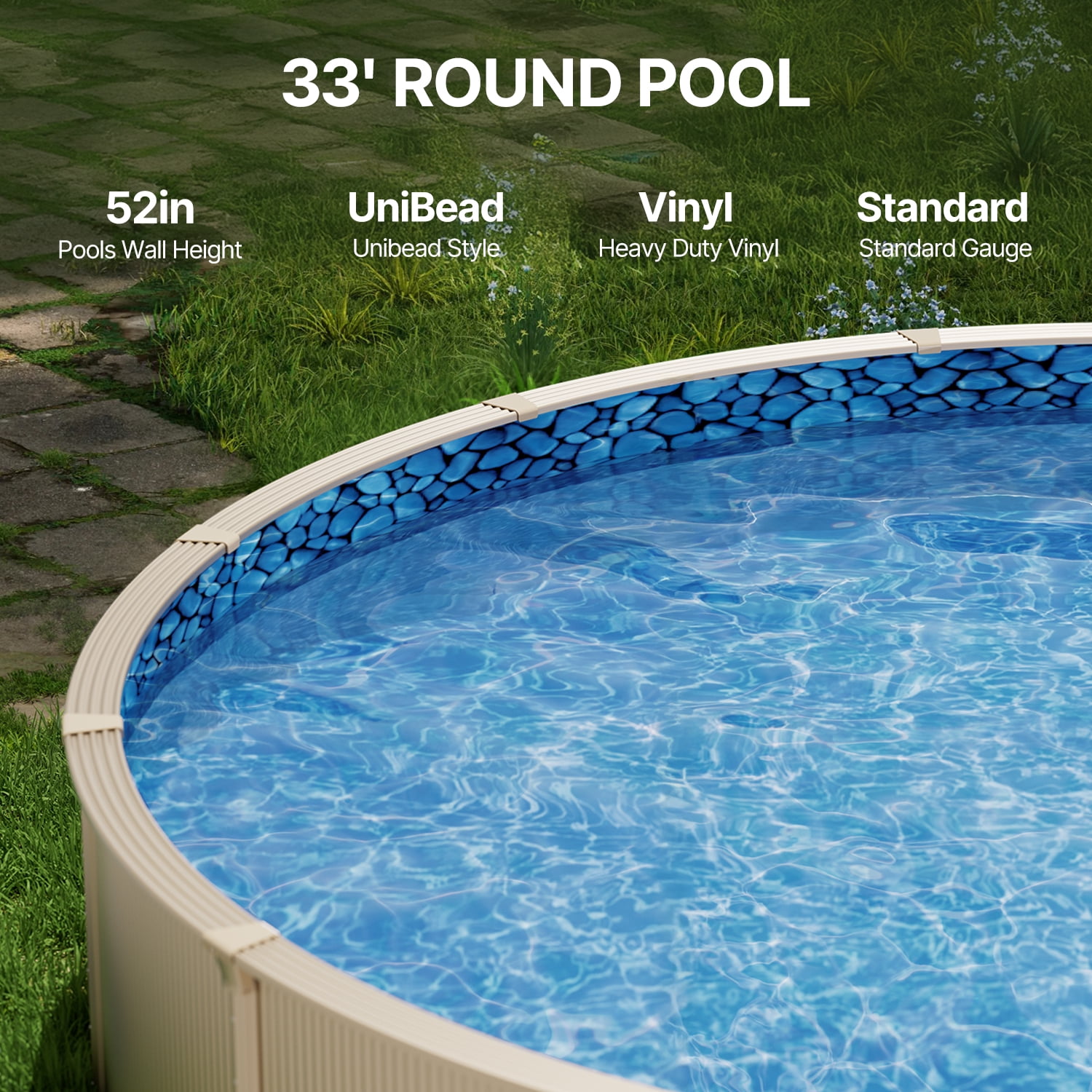KFFKFF Swimming Pool Liner, 33ft Circular Shape, Robust Vinyl Material, Regular Thickness, 52in Wall Elevation, Suitable for Steel-Sided Above-Ground Pools Liner Replacement