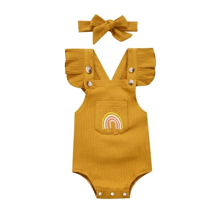 

2 Pcs Newborn Ribbed Outfits Baby Girls Rainbow Pattern Square Collar Fly Sleeve Bodysuit + Solid Color Headband