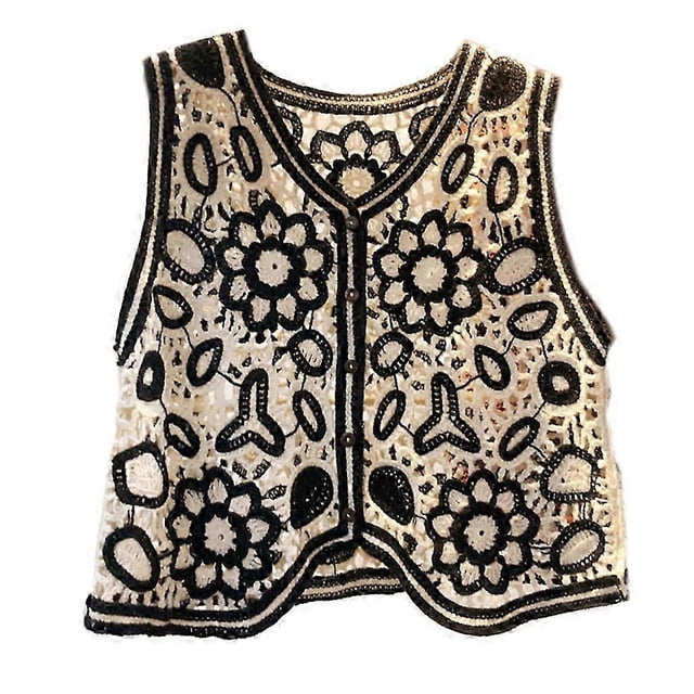 Boho Women Crochet Knit Vest Waistcoat Floral Pattern Sleeveless V-Neck Cardigan