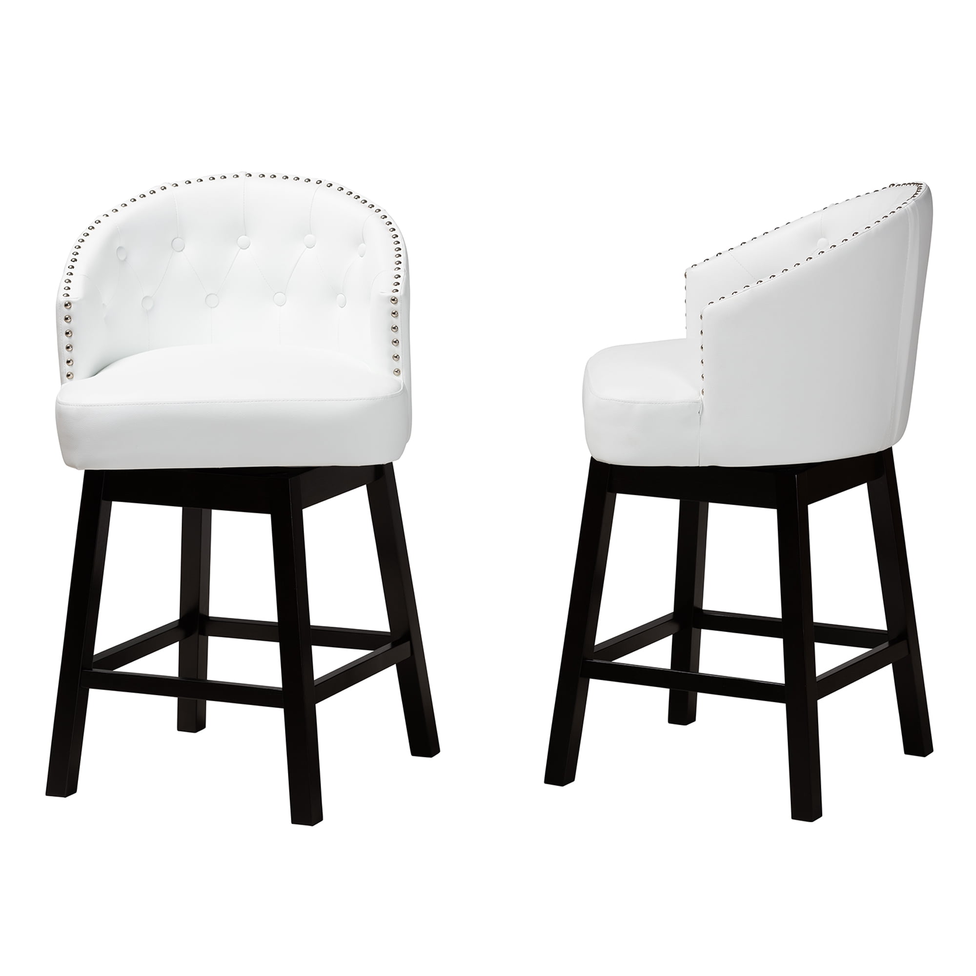 Baxton Studio Theron Mid-Century Transitional White Faux Leather and Espresso Brown Finished Wood 2-Piece Swivel Counter Stool Set