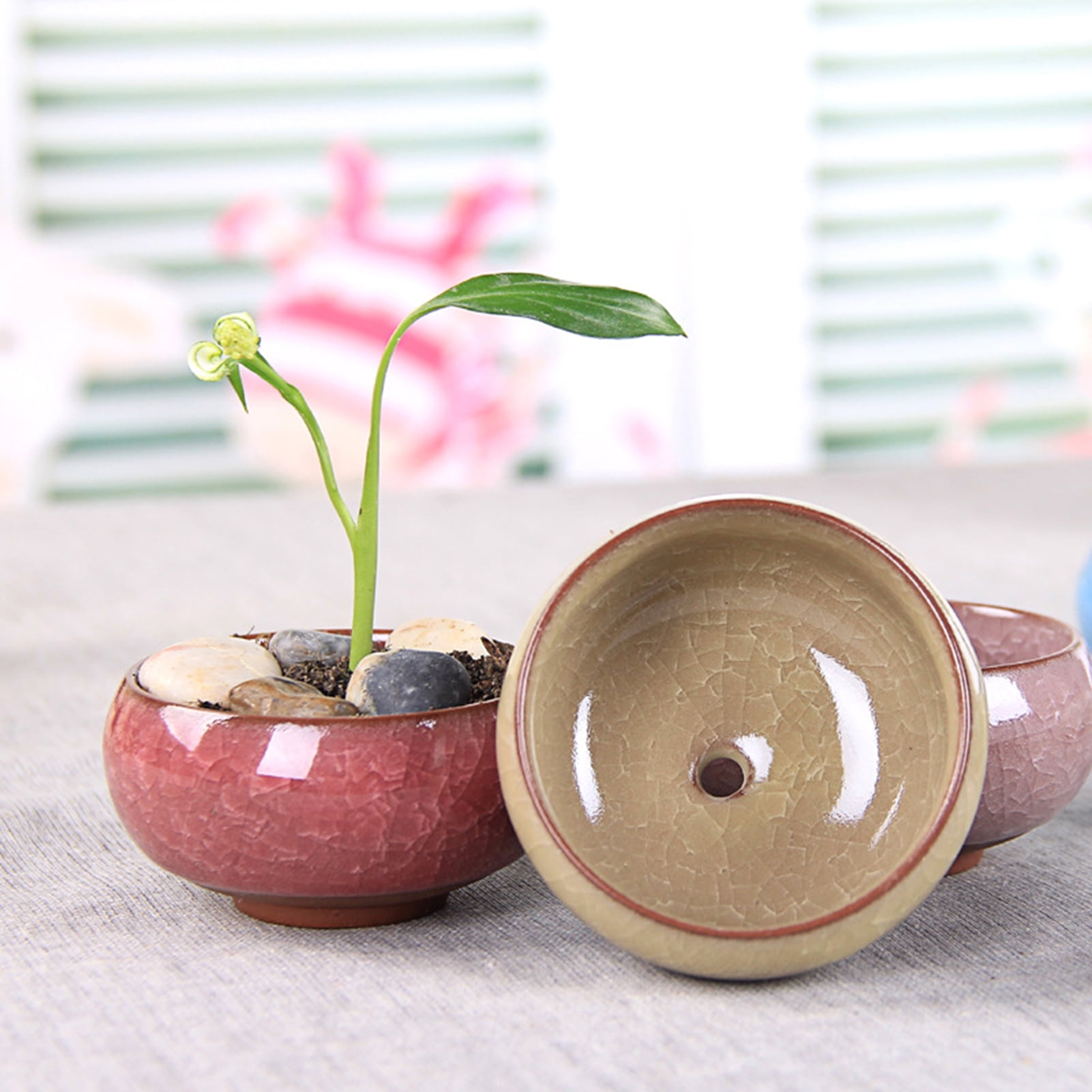 1Pc Ceramics Chinese Flower Pot Round Glazed Plant Flowerpot Mini Home Decor 