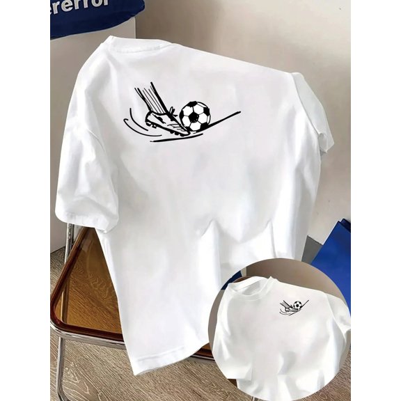 front and back pattern t shirt football kicking print womens round neck casual short sleevefabric top womens essential