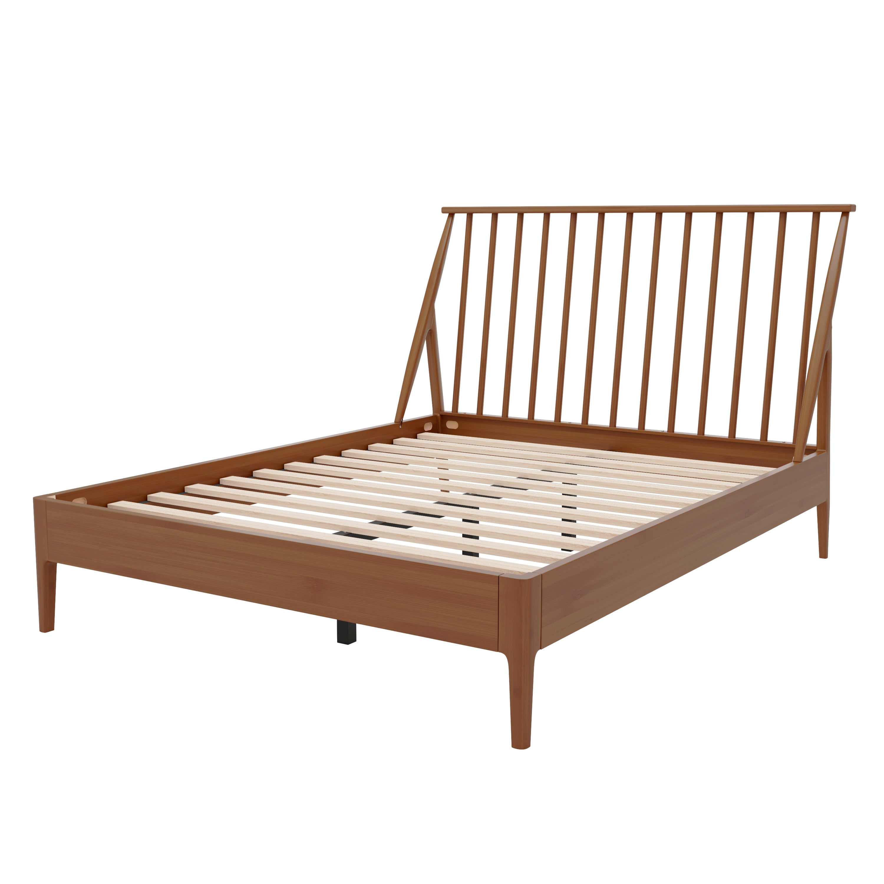 Euroco Bamboo Wood Spindle Queen Size Platform Bed with Tall Headboard, Bohemian Bed Frame with Wooden Slats and Metal Support, Mid-Century Modern Style, Warm Brown