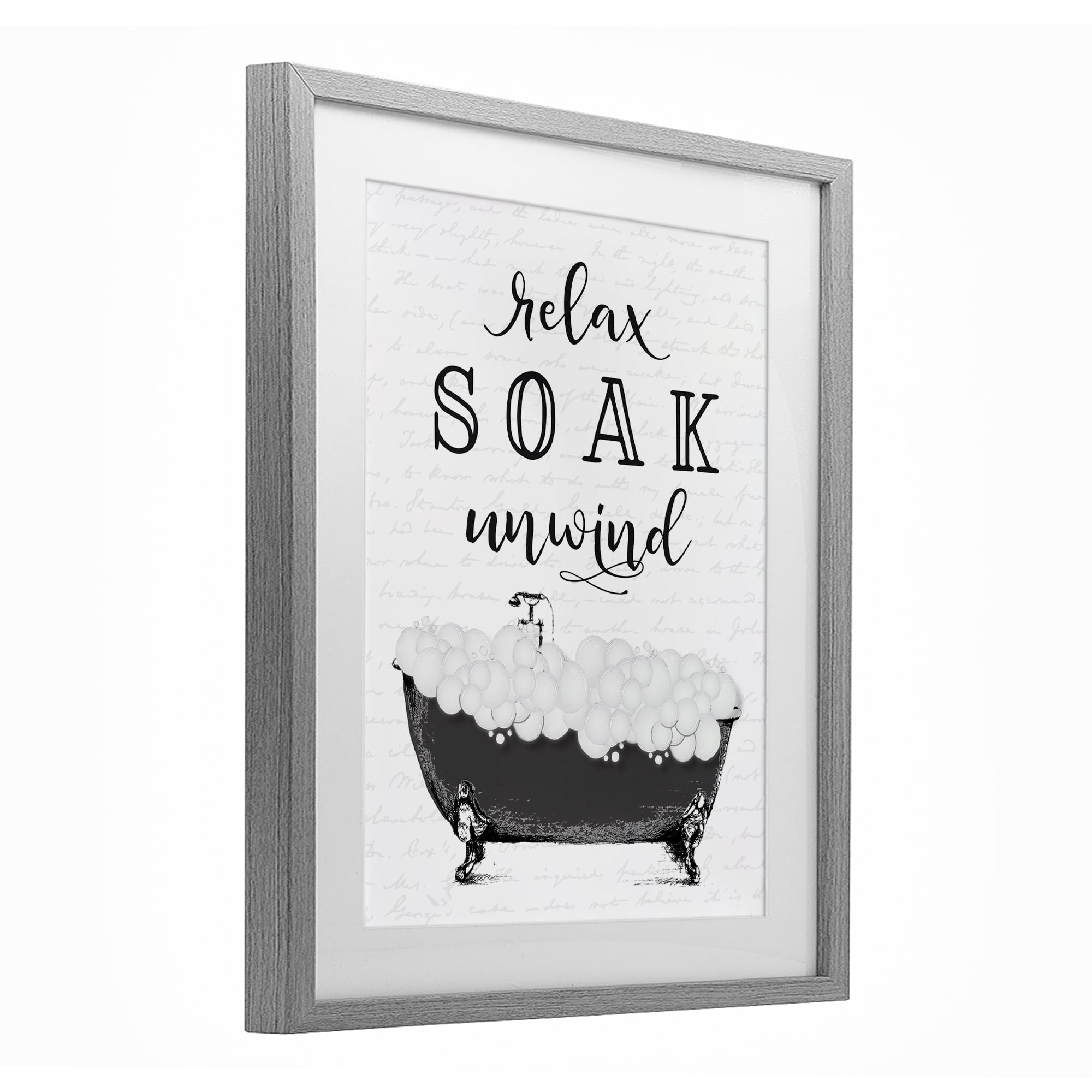Soak Unwind Bubble Bath Gray Framed Print Under Glass, design by Lettered and Lined
