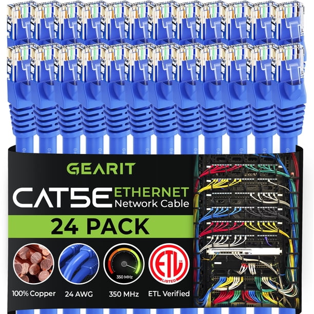 Gearit Paquete De 24 Cables De Conexión Ethernet Cat5E De 1 Pie - Cable De Red Lan Para Computadora Rj45 Sin Enganches Azul - Compatible Con 24 Conmutadores De 48 Puertos Poe Montaje En Rack 24 Puerto