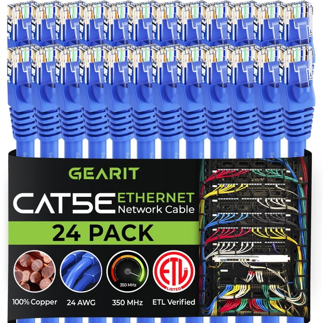 GearIT Paquete de 24 cables de conexión Ethernet Cat5e de 0,5 pies - Cable de red LAN para computadora RJ45 sin enganches, azul - Compatible con 24 conmutadores de 48 puertos POE Montaje en rack 24 pu
