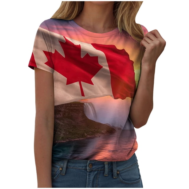 Ramiter Chandail Drapeau du Canada Femmes T-Shirts Chemises pour Femmes Col en V Fête du Canada Imprimé Feuille d'Érable Graphique Été Hauts Rouges Rose,TG