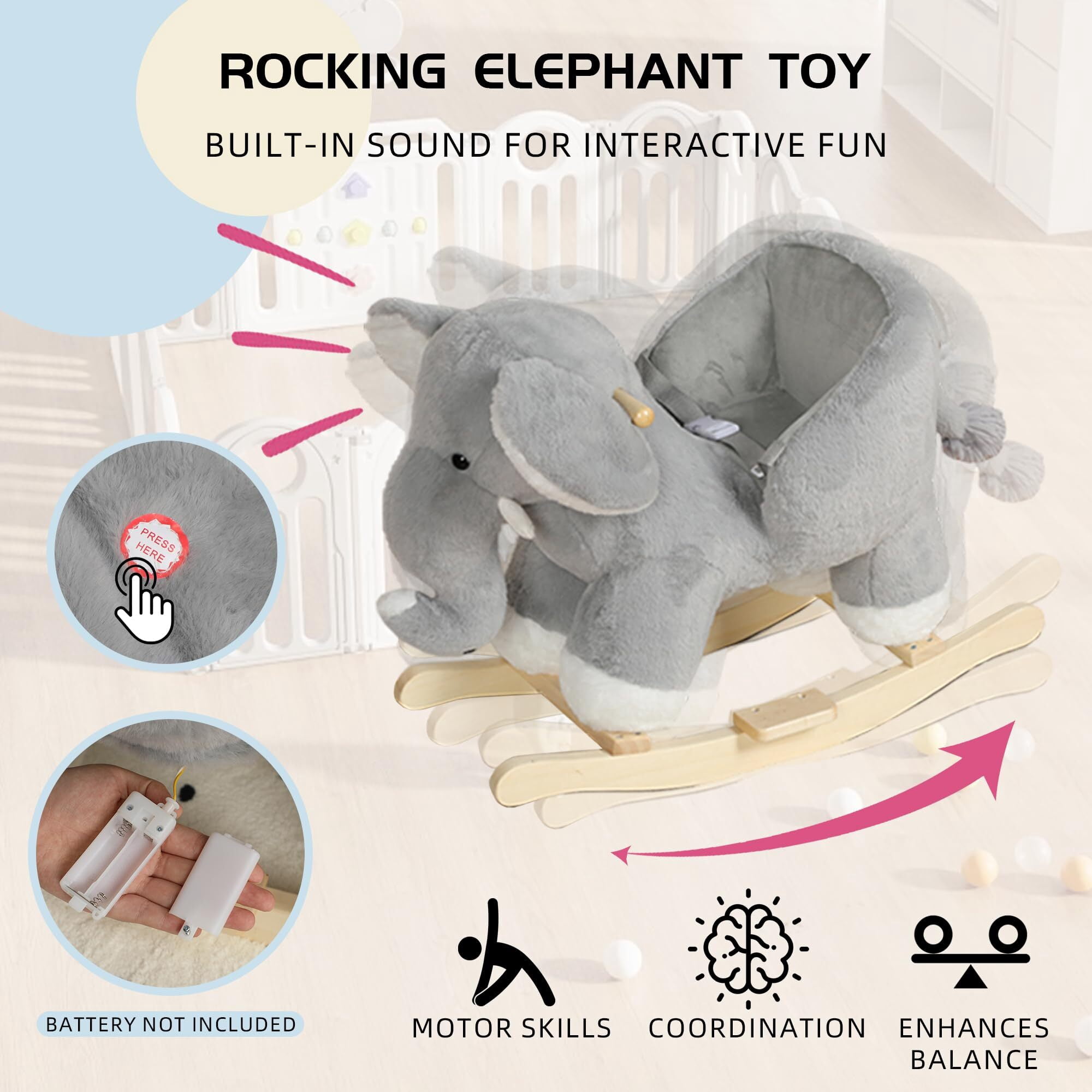 DIPU-Home Elephant Ride-On Rocking with Lullaby Song, Hand Puppets, Safety Belt, Plush Rocking Horse for Ages 1-3, Interactive Kids Rocker, Gray