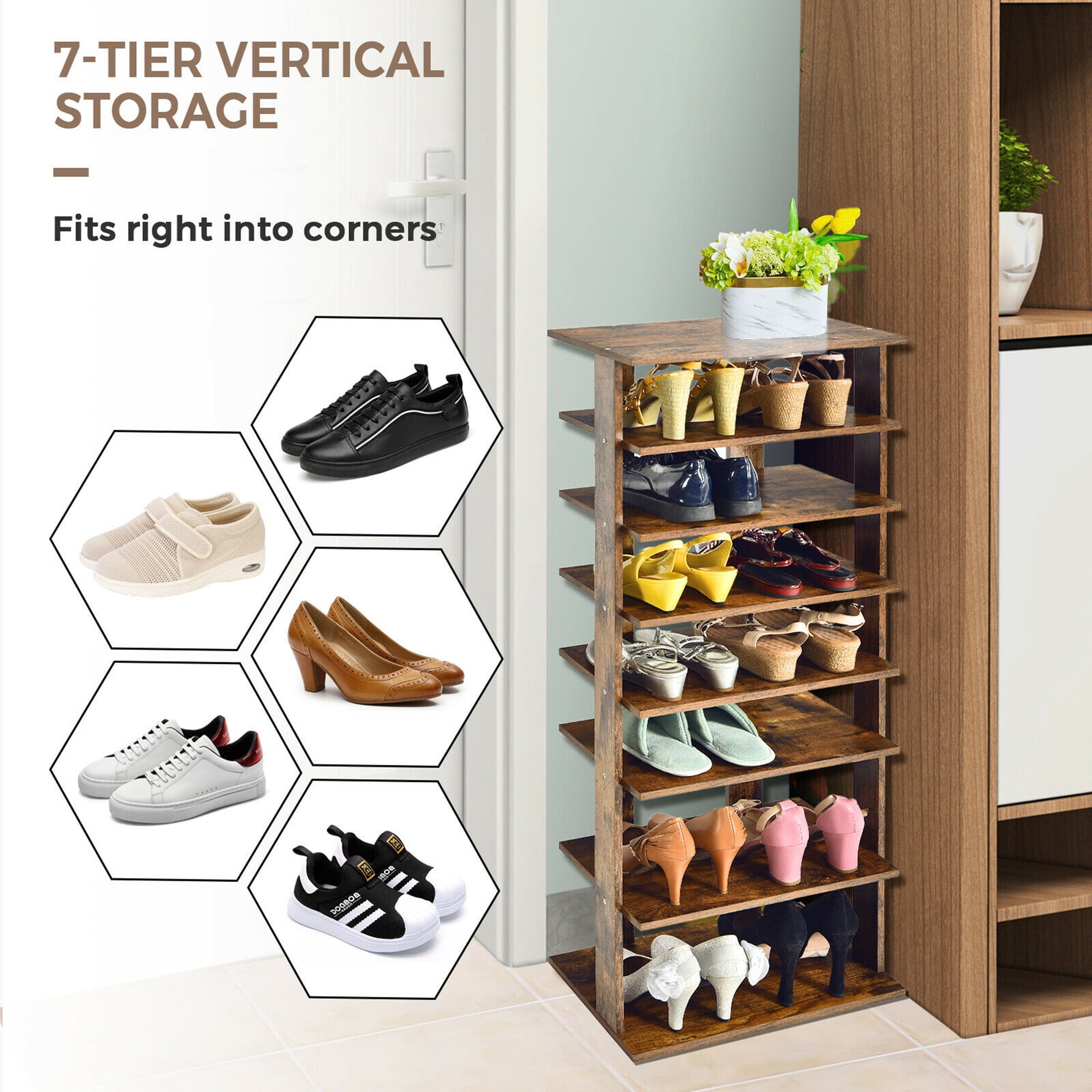 Gymax 7-Tier Free Standing Shoe Rack, Wood, Rustic Brown