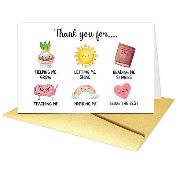 Thank You Card for Teachers – Cute Illustrations of Growth, Inspiration & Love – Envelope Included, Blank Inside – Perfect Appreciation Gift for Educators