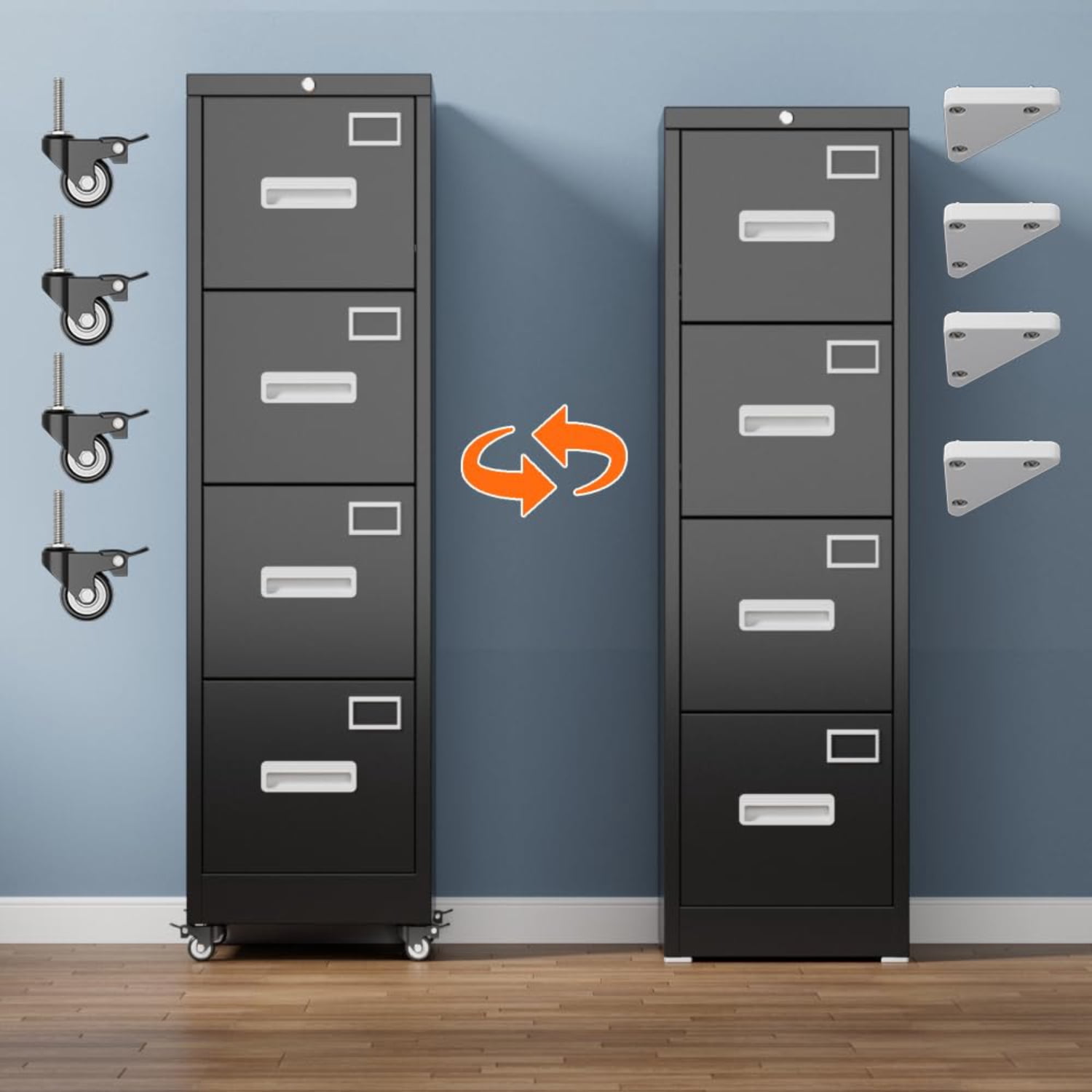 4 Drawer Vertical File Cabinet on Wheels, Lockable Office Storage with Handle & Name Card Slots, Mobile Cabinet for Office & Home, Black