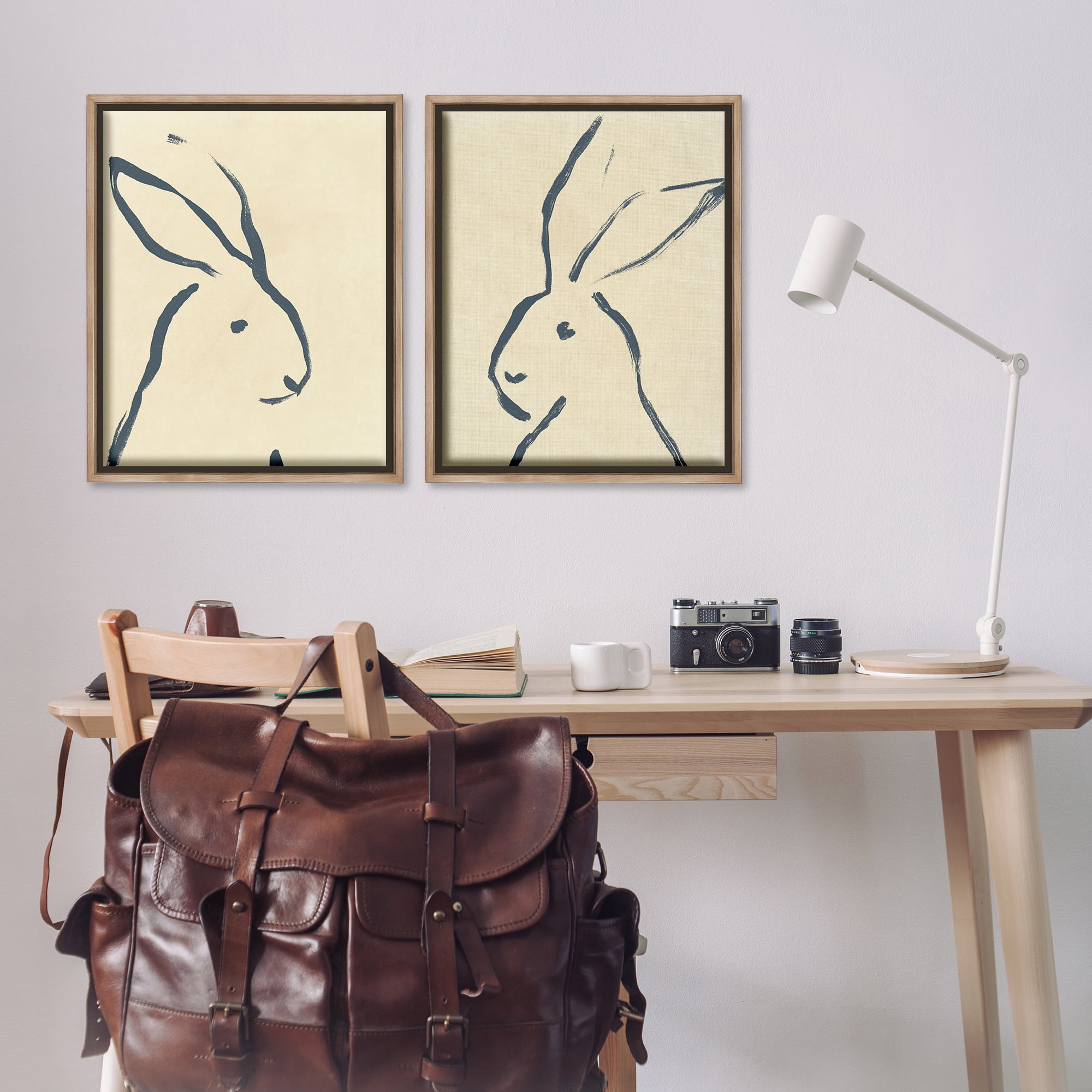 Stupell Industries Minimalist Rabbit Line Portrait Animals Drawing Brown Floater Framed Canvas Art Print Wall Art, 31 x 25, Set of 2