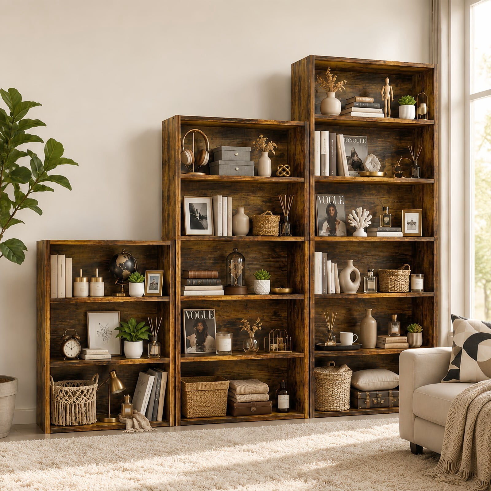 Kelno 3 Tier Vintage Bookshelf 31.5" Freestanding Wood Bookcase with Adjustable Shelf Anti-Tip Kit, Rust