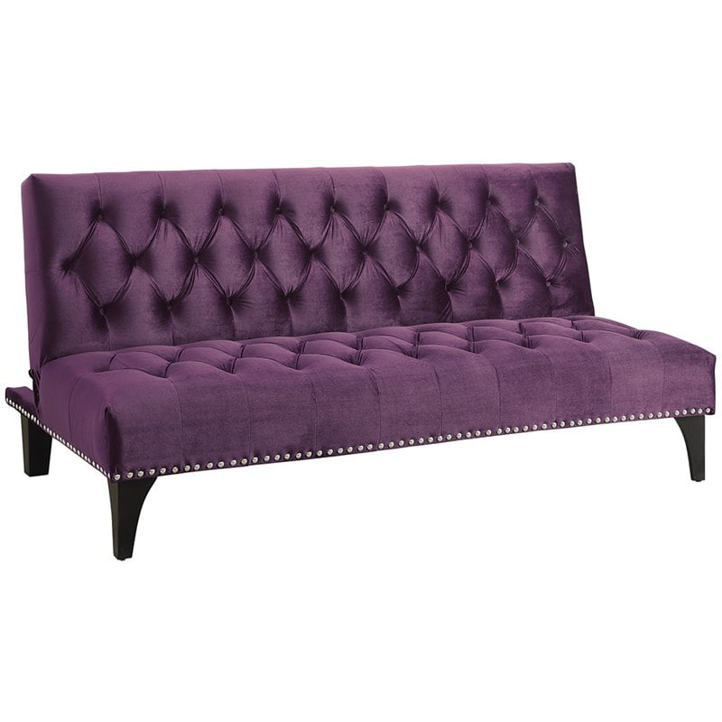 Bowery Hill Velvet Tufted Sleeper Sofa with Nailhead Trim in Purple